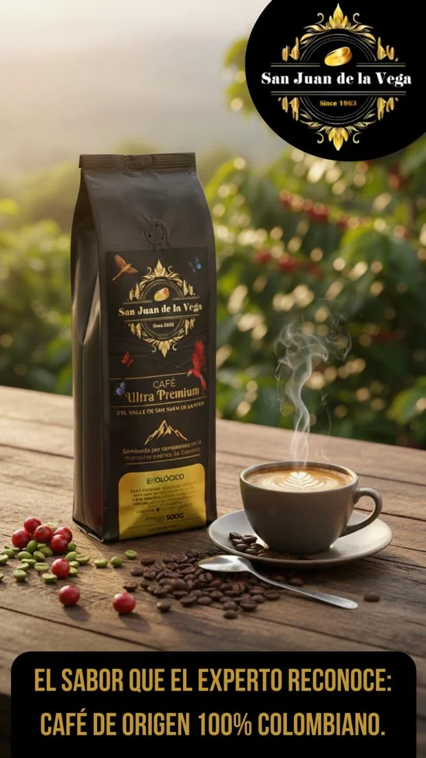 Café San Juan de la Vega, también comercializado como Ekko Lógico: empaque oscuro con detalles dorados junto a una taza de café.