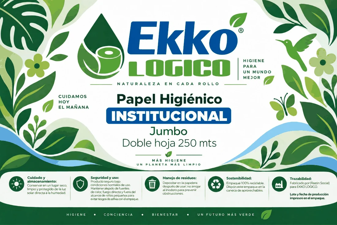 Empaque verde de papel higiénico institucional Ekko Lógico Jumbo, doble hoja, 250 metros.